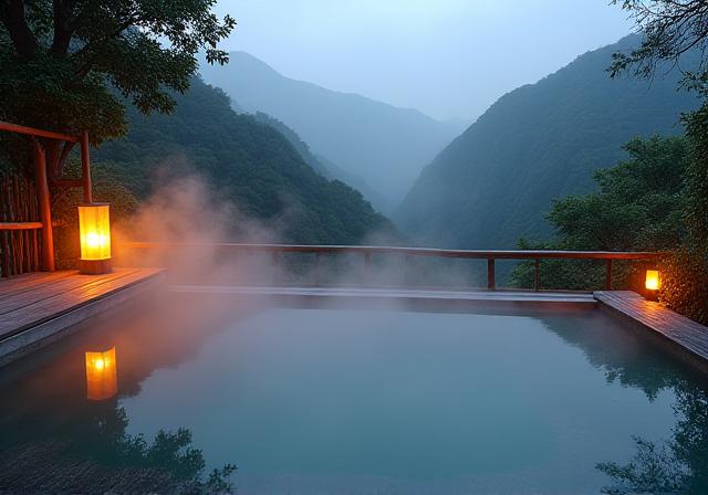 雪の山村を望む高級温泉露天風呂
